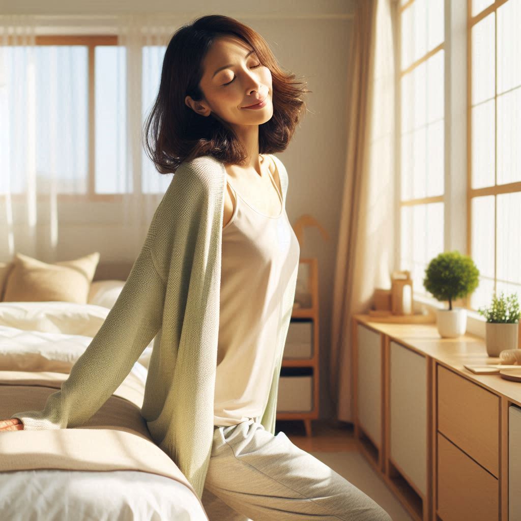 朝のストレッチでスッキリする女性